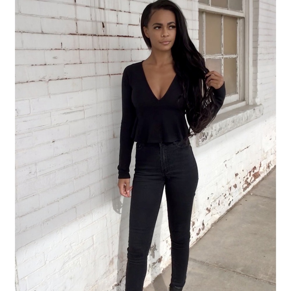 Black Deep V Neck Long Sleeve Peplum Top